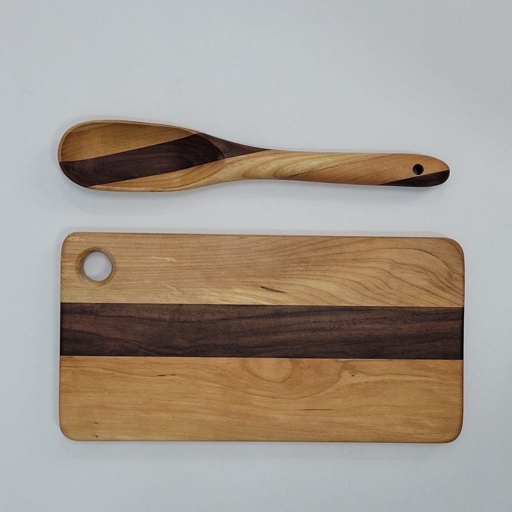 12x6" Wooden Cutting Board and matching spoon with hole to hang